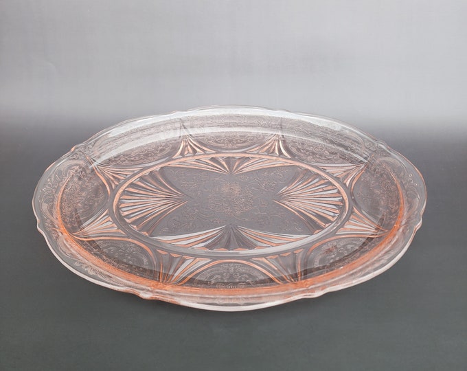 Art Deco Vintage Royal Lace Pink Colored Serving Cake Plate or Sandwich Tray by Hazel Atlas Glass