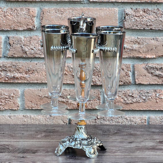Vintage Hollywood Regency Silver Ombre Mercury Fade Pilsner Glasses Set of 6 Caddy
