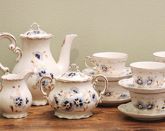 Zsolnay Hungary Cornflower Hand-Painted 15 PC Coffee Set in Mint Condition!