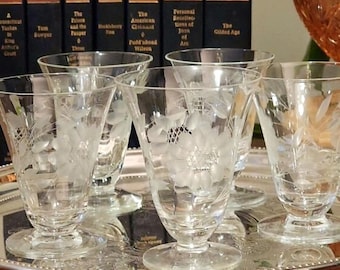 W.J. Hughes Cornflower Etched Wine Juice Tumblers - Imperial Glass, Smooth Stem, Optic, Set of 5