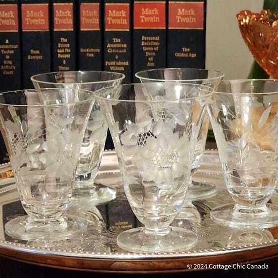 Hughes Cornflower Glass Footed Tumblers – Set of 5 Imperial Vintage Etched Crystal Canada