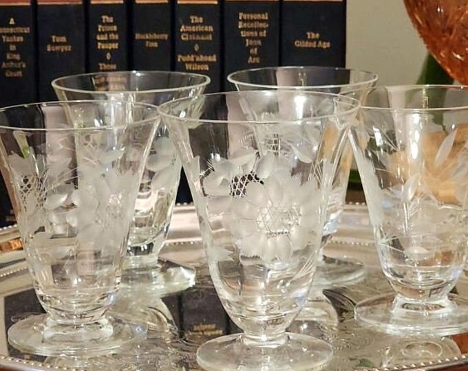 Hughes Cornflower Etched Wine Juice Tumblers - Imperial Glass, Smooth Stem, Optic, Set of 5