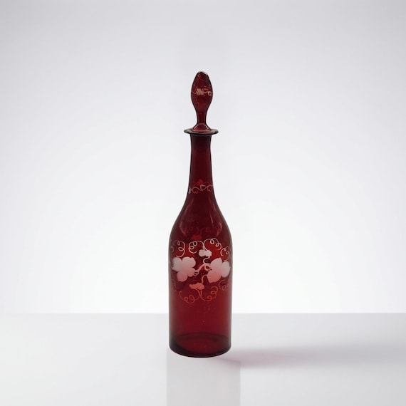Antique Ruby Cranberry Glass Decanter – Hand Blown Etched Grape Motif – Circa 1880s–1890s