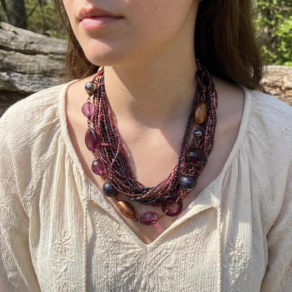 Vintage 1990s Purple Multi Strand Beaded Necklace, Brass Tone Accents, Bohemian Statement Jewellery