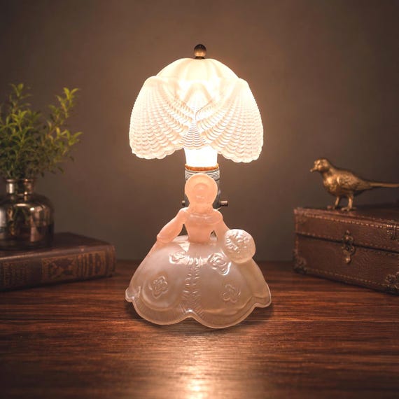 Vintage LE Smith Style Pink Glass Southern Belle Figural Boudoir Lamp, Hobnail Shade