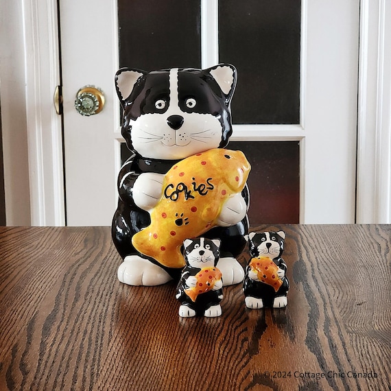 Vintage Ceramic Cat Cookie Jar, Salt & Pepper Shakers Set – Black and White Decor