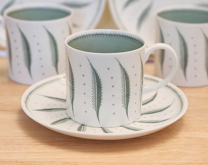 Susie Cooper Coffee Cup & Saucer Set with Green Spiral Fern Design from the 1950's Made in England