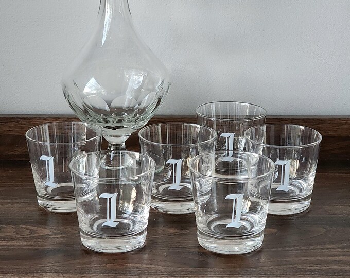 Monogram Mid-Century Lowball Barware Set – 6 Vintage Stackable Whiskey Glasses with "L" Initial in Old English Gothic Font
