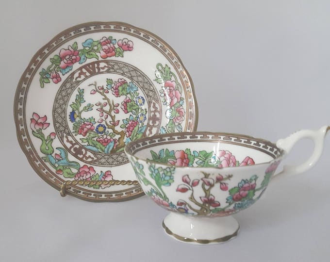 Coalport Indian Tree Footed Tea Cup and Saucer Set, English Fine Bone China
