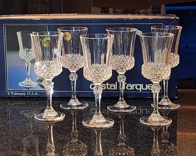 Cristal D'Arques Valencay 7" Wine Glasses, Set of 6, New in Box Vintage Crystal Stemware