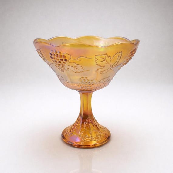 Indiana Glass Harvest Wedding Iridescent Gold Carnival Pedestal Bowl 1970s