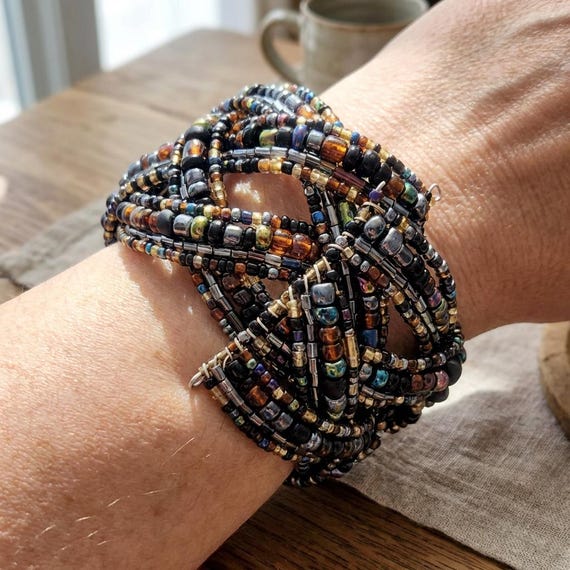 Vintage Black Beaded Cuff Bracelet, Multistrand Glass Bead Memory Wire Wrap, Statement Jewellery