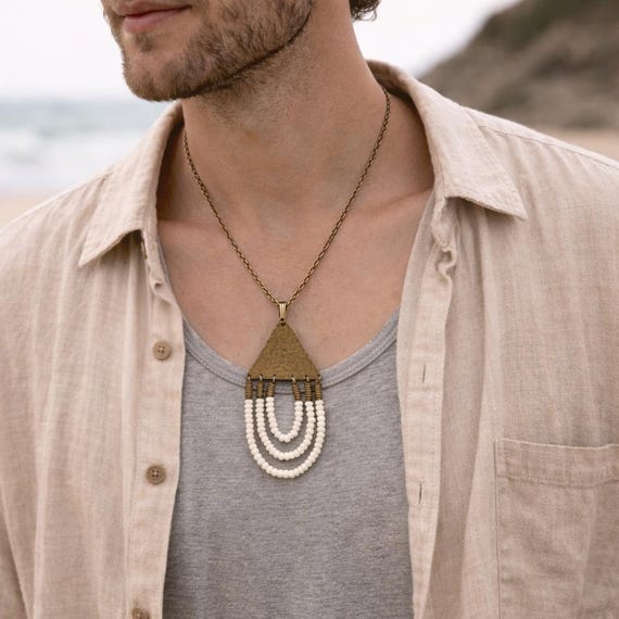 Vintage 1970s Boho Statement Necklace, Geometric Triangle Pendant, White Bead Fringe, Bronze Chain