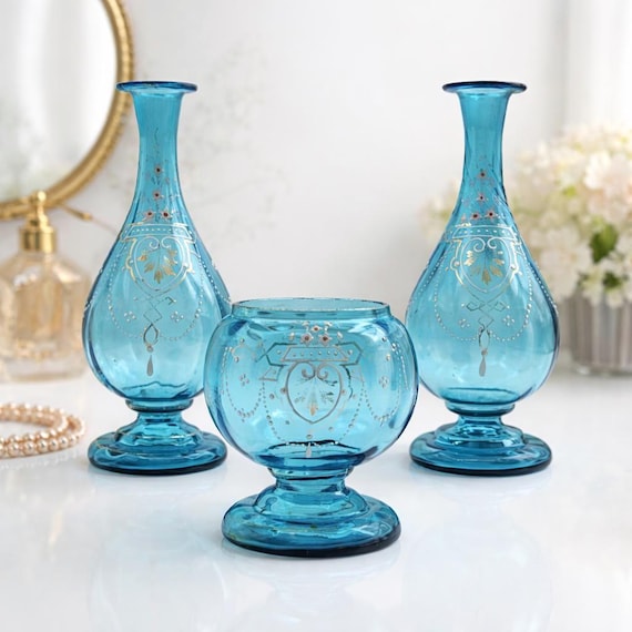 Antique Victorian Aqua Glass Dressing Table Set – Hand Painted – Late 19th Century