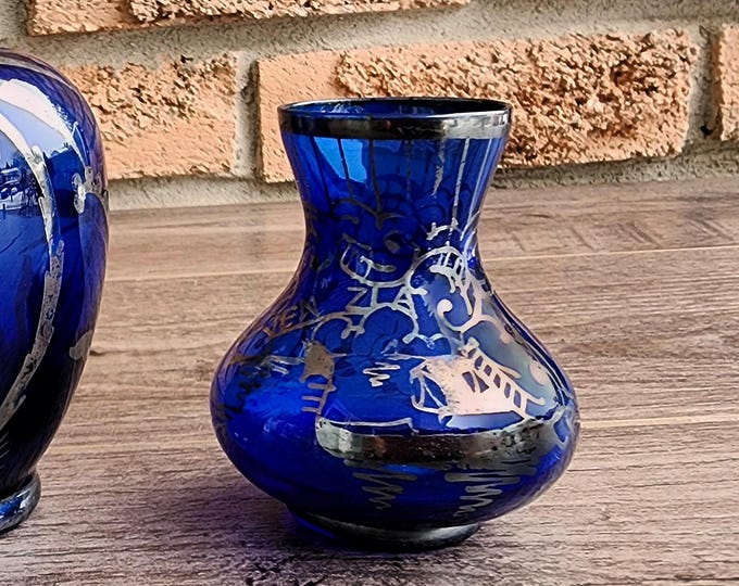 Italian Style Cobalt Blue Mini Vase with Silver Overlay – Venetian Boat on the Sea