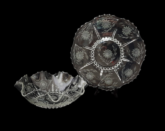 Hughes Cornflower Etched Glass Hostess Bowl and Torte Plate Set - New Martinsville Radiance Clear