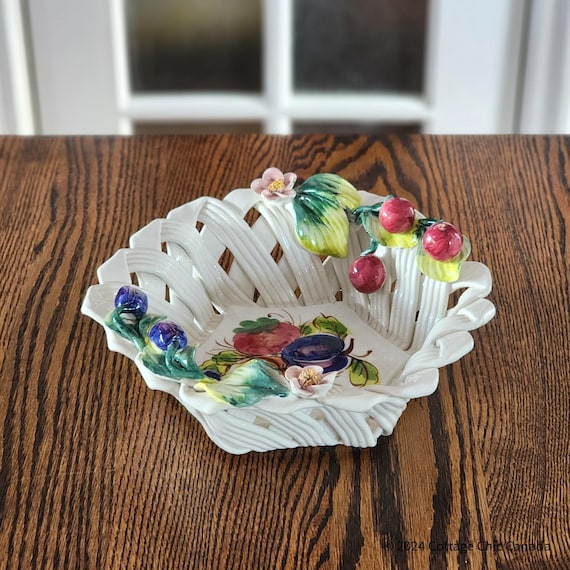Vintage Bassano Italy Hand-Painted Ceramic Fruit Bowl Basket – Italian Majolica Centerpiece