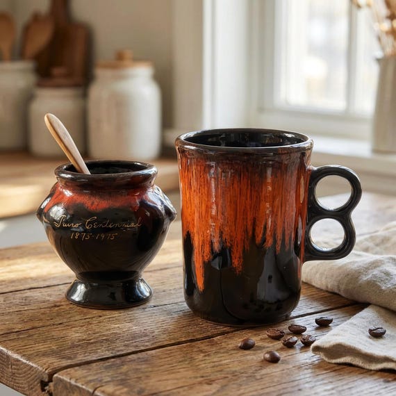 Royal Canadian Art Pottery RCAP Mug and Sugar Bowl – Red and Black Drip Glaze
