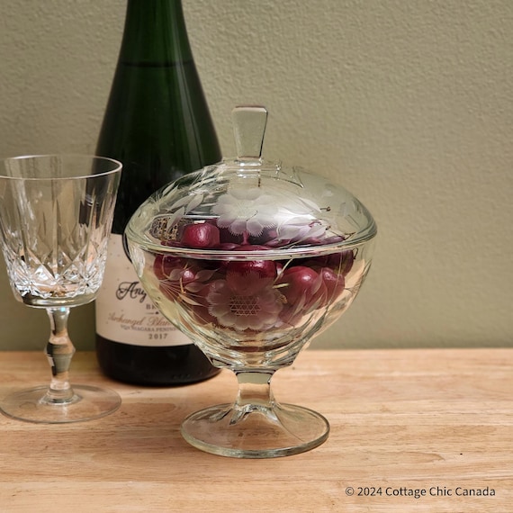Hughes Cornflower Lidded Compote – Imperial Glass Pie Crust Clear Vintage Etched Crystal, USA & Canada