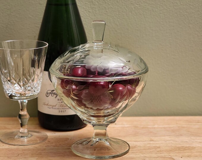 Hughes Cornflower Etched Glass Compote with Lid - Imperial Pie Crust Clear