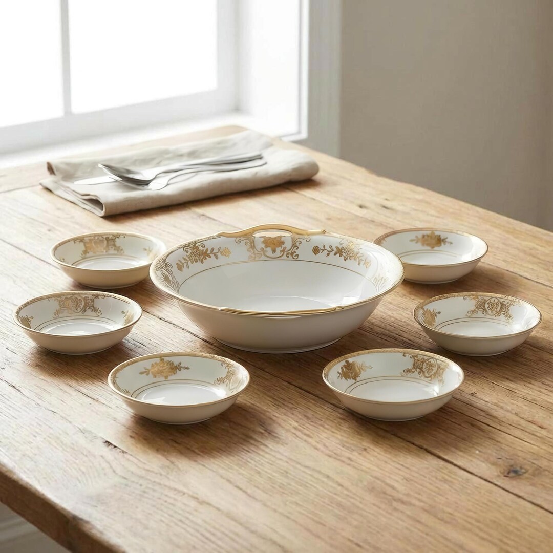 Vintage Noritake Moriage 7-piece Berry Bowl Set – Gold Floral