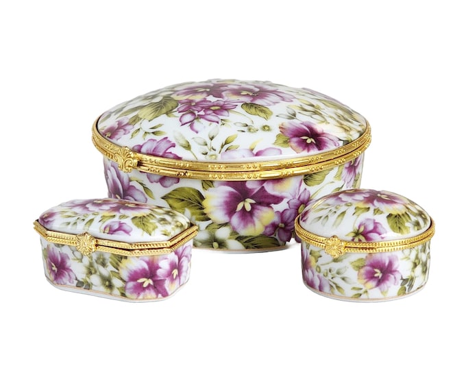 Set of 3 Vintage Sorelle Fine Porcelain Purple Violets Trinket Boxes