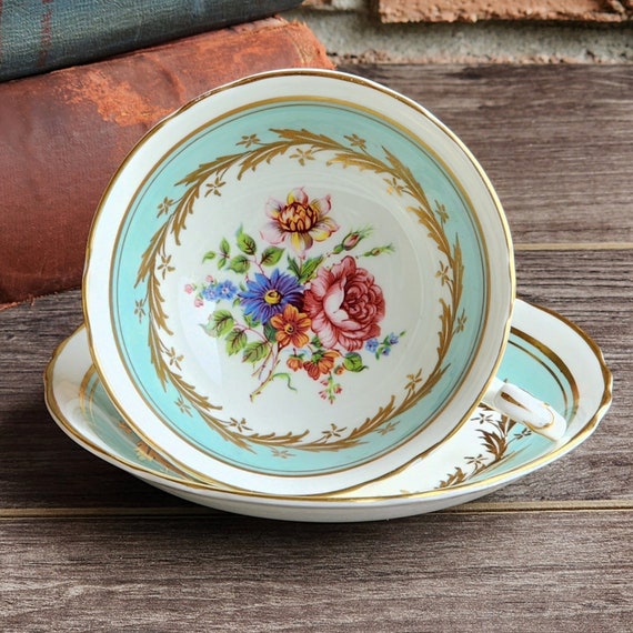 Paragon Aqua Green Floral Teacup & Saucer Set – Vintage English Fine Bone China, Gold Trim