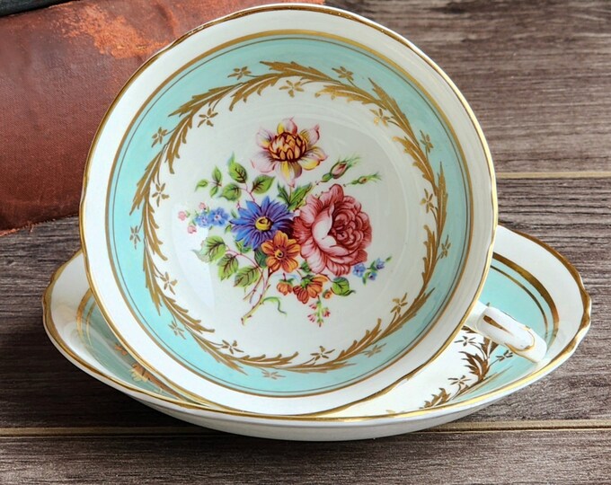 Paragon By Appointment Teacup Set, Turquoise Fine Bone China Tea Cup and Saucer, Made in England
