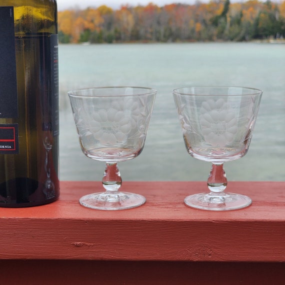 Hughes Cornflower Port Wine Glasses Pair – Vintage Etched Crystal Stemware Canada