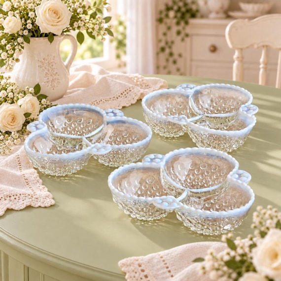 Vintage Fenton Style Opalescent Hobnail Cloverleaf Divided Serving Dishes, Set of 3