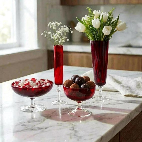 Mid Century Ruby Red Glass Vase and Footed Compote Set, 4 Piece, Mixed Tones