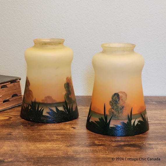 Art Nouveau Style Ombre Glass Lampshades with Painted Sunset Landscape