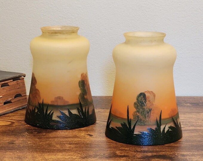 Art Nouveau Style Ombre Glass Lampshades with Painted Sunset Landscape