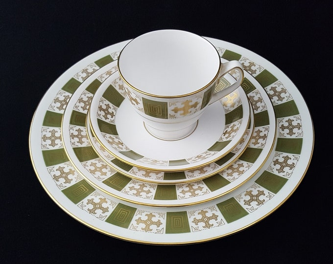 Spode Persia Green 5 Pc Place Setting, Mid Century Fine Bone China Dinnerware Tea Set