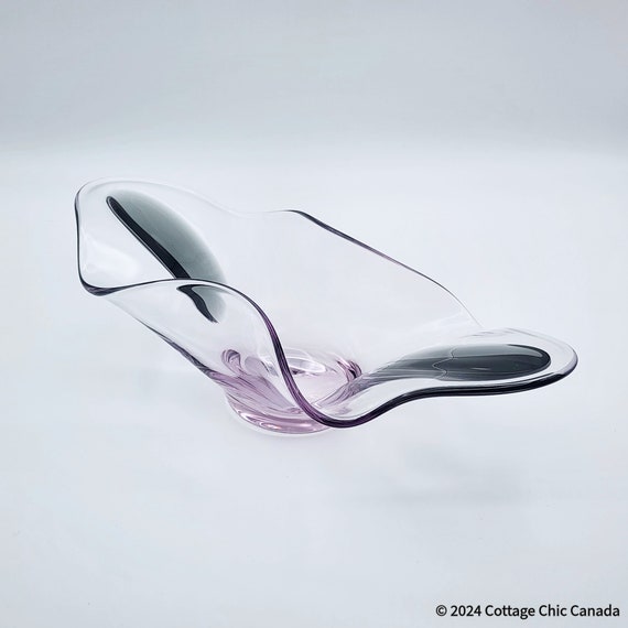 Mid Century Modern Lavender Clear Glass Bowl with Grey Petals – Abstract Scandinavian Art