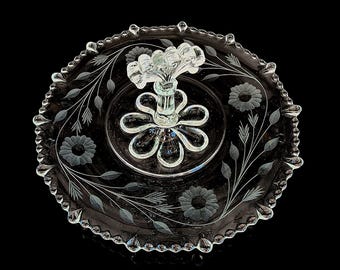 Paden City Floral Etched Glass Sandwich Dessert Tray