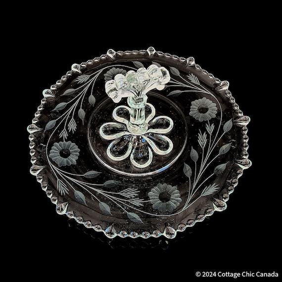 Paden City Floral Etched Glass Sandwich Dessert Tray