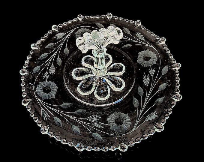 Paden City Floral Etched Glass Sandwich Dessert Tray