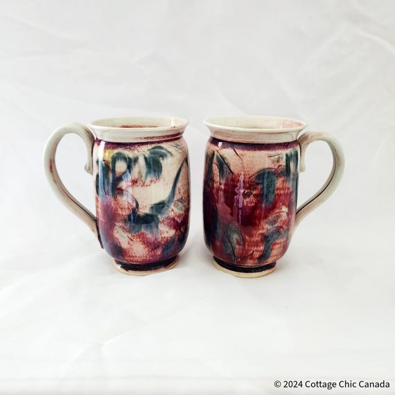 Artisan Handmade Ceramic Mug Pair – Vintage Reactive Glaze Pottery Cups, Earthy Tones