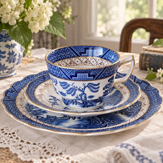 Vintage Booths Real Old Willow Tea Cup Trio 1940s English China