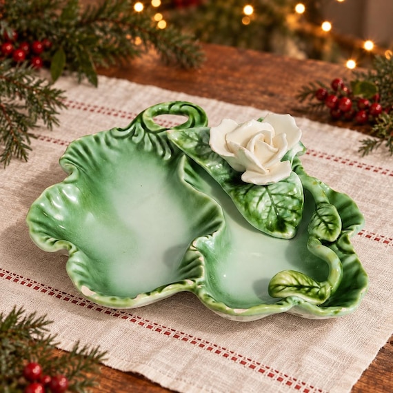 Vintage Enchantment Japan Cabbage Leaf Divided Dish with Ivory Rose, Green Ceramic Trinket Tray