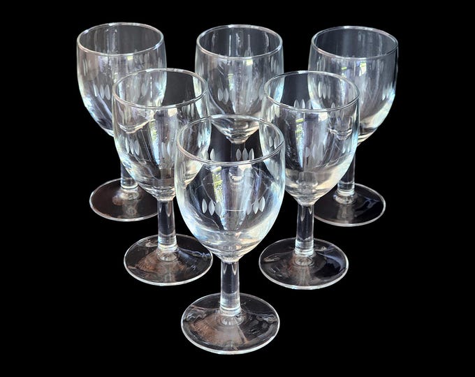 Mid Century Set of 6 Libbey Style Etched Cordial Glasses