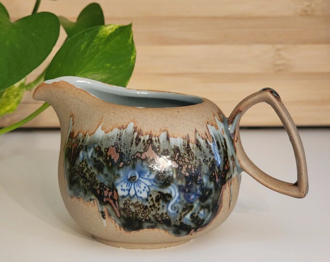 Handmade Brown Creamer with Glossy Blue Drip Glaze Finish