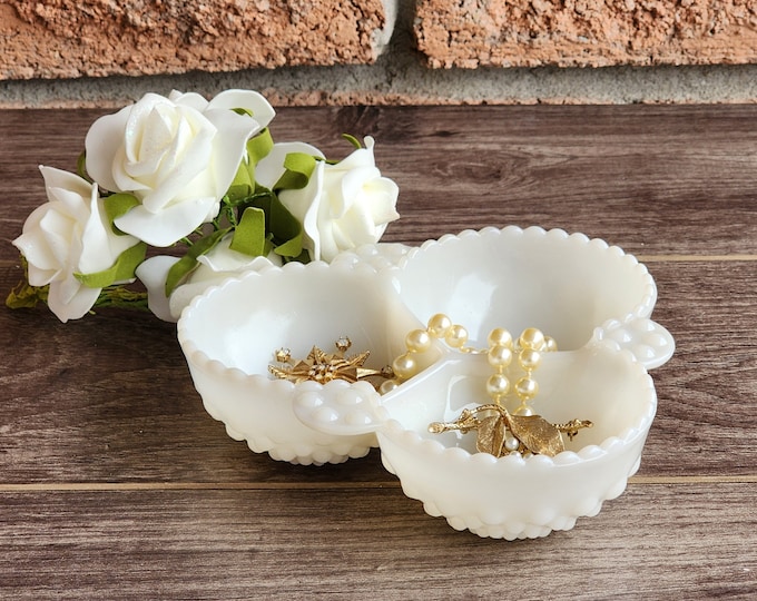Anchor Hocking Moonstone Milk Glass Cloverleaf 3-Part Dish, Vintage Mid Century Glassware