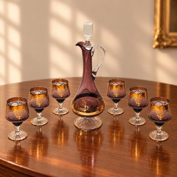 Vintage Amethyst Purple Glass Decanter Set 6 Wine Glasses Gold Gilt Italian Style