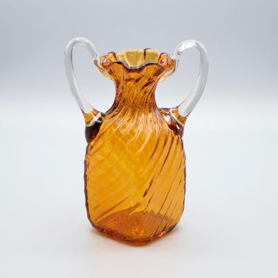 Rossi Amber Art Glass Vase Twisted Optic Spiral Ribbed Vintage Studio Glass