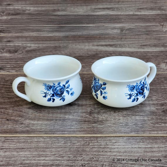 Portmeirion Chamber Pot Tea Cups With Blue Flowers Designed By Susan Williams Ellis