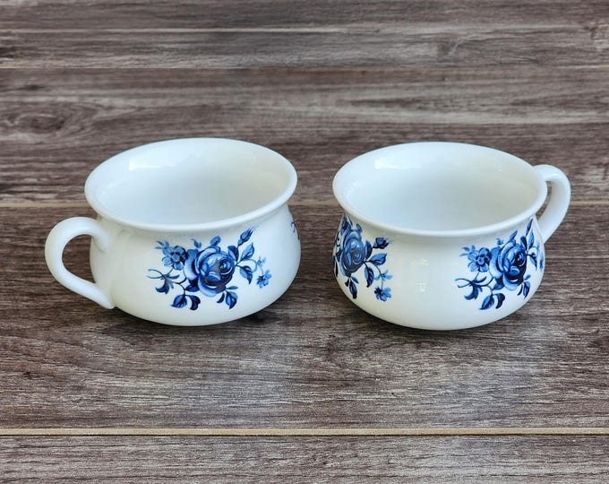 Portmeirion Chamber Pot Tea Cups With Blue Flowers Designed By Susan Williams Ellis