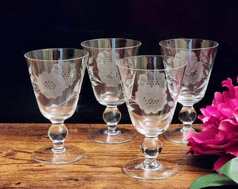 W.J. Hughes Cornflower Wine Glasses – Set of 4 Vintage Canadian Etched Crystal Stemware