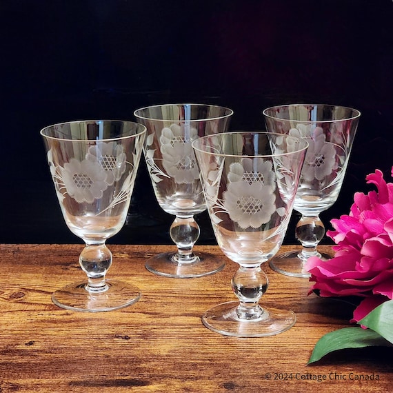 Hughes Cornflower Wine Glasses – Set of 4 Imperial Glass Etched Crystal, USA & Canada
